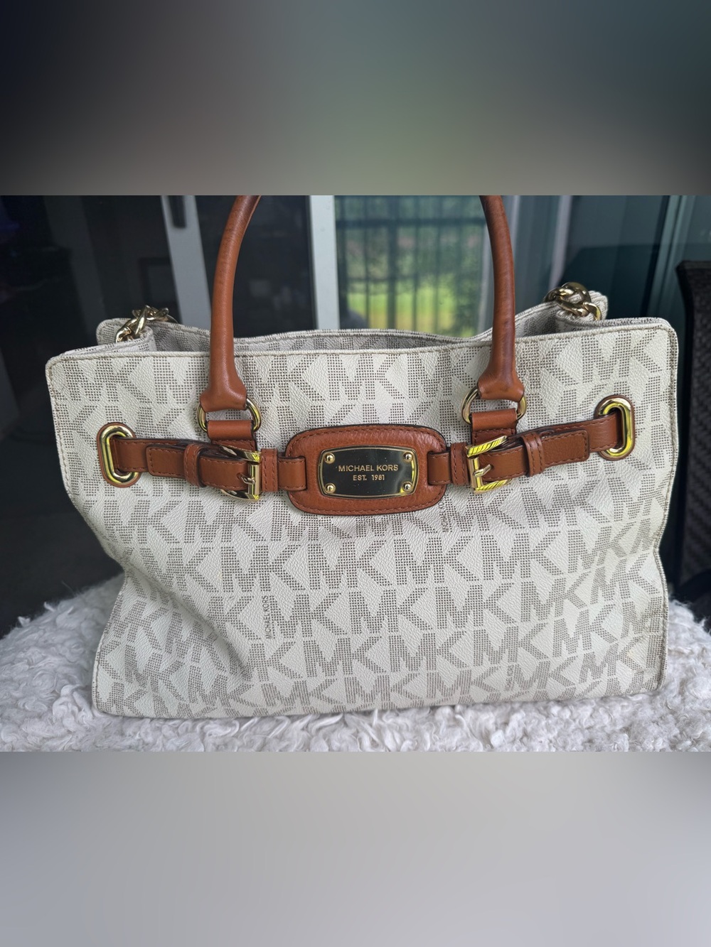 Michael Kors Beige MK Logo Satchel with Brown Leather Trim - Picture 5 of 6